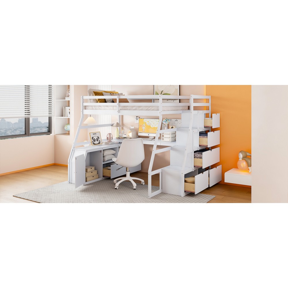 Full Loft Bed w/ Desk & Storage - White - Sturdy Pine Frame