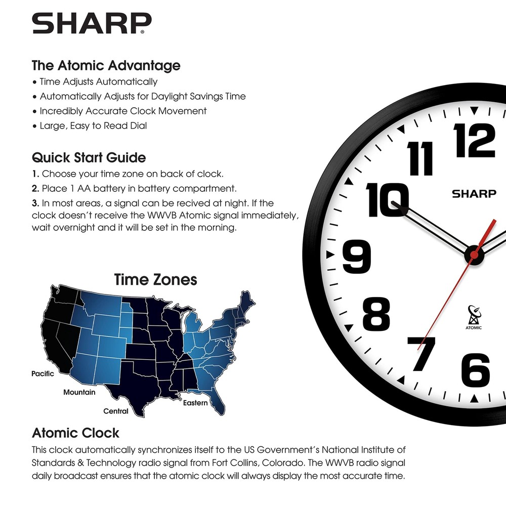 Sharp Atomic Analog Wall Clock - 12" Black Stylish Frame - Sets Automatically- B