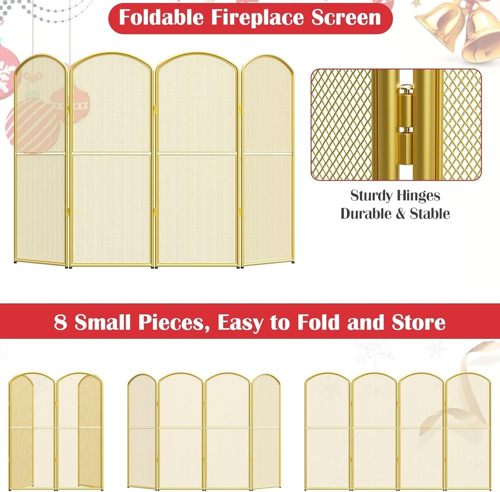 Fireplace Screen Stand Alone Gold Foldable Fireplace Gate 4 Panel Decorative