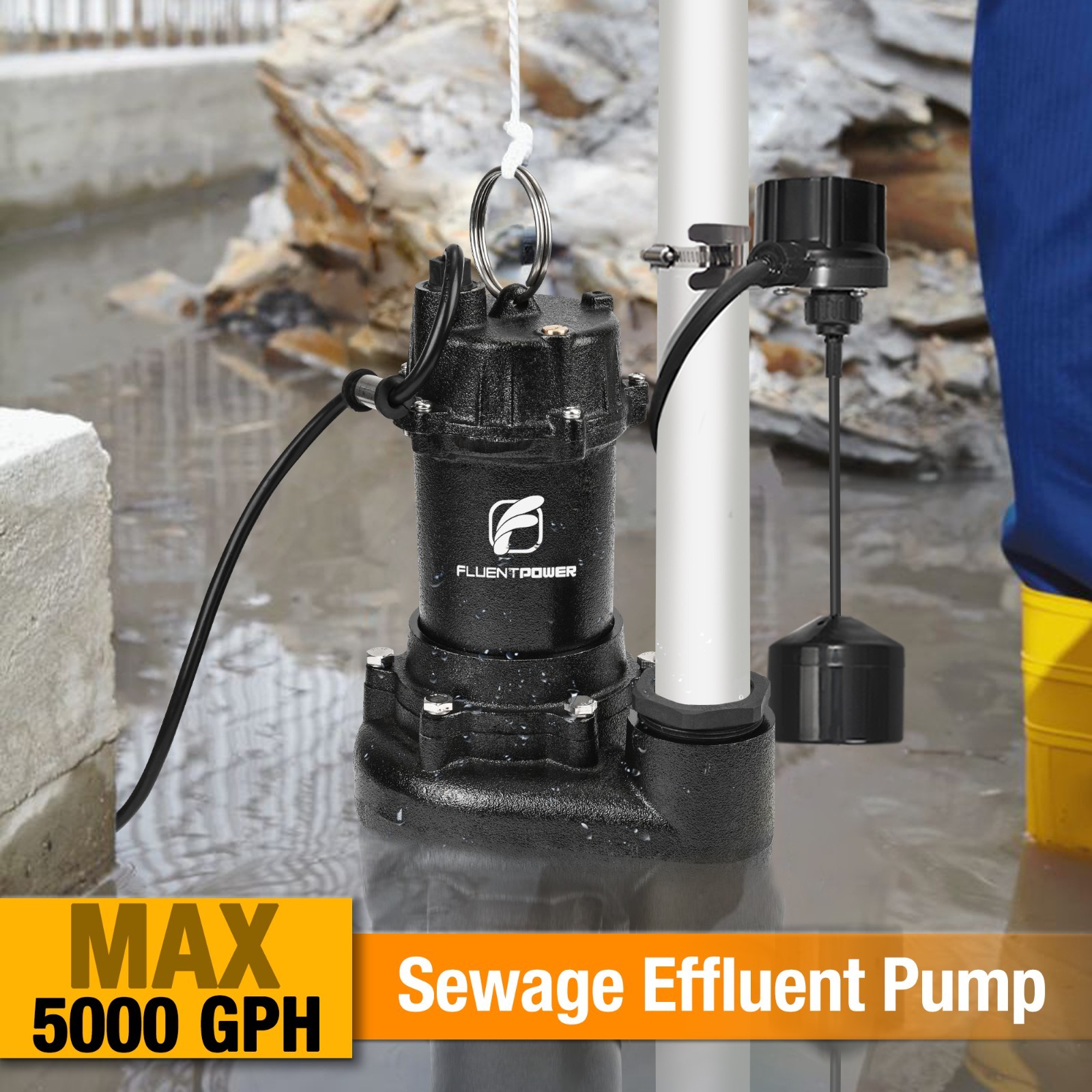 FLUENTPOWER 3/4HP 5000GPH Cast Iron Sewage Effluent Pump with Float Switch