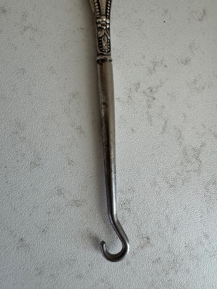 Antique Sterling Silver Handle Button Hook w/ Beaded & Fleur de Lis Design