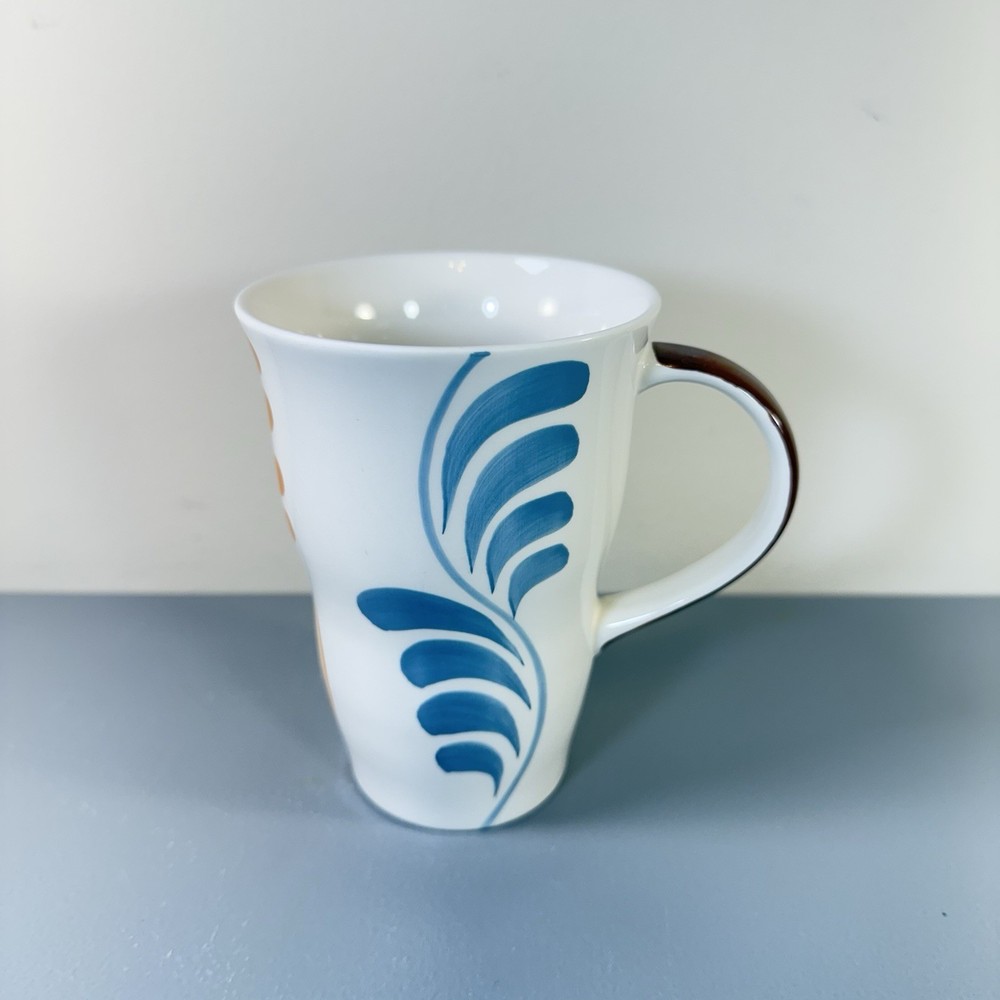 Pier 1 Hand Painted Mug White Multicolor Leaf Pattern Stoneware Cup