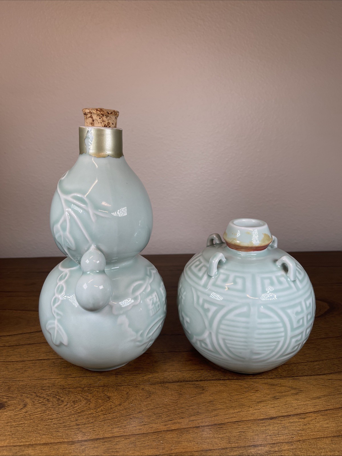 (2) Vtg Rice Wine Gourd Shaped Ceramic Pottery Bottles Empty Celadon Glaze
