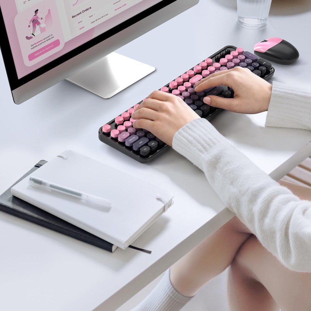 Berry Pink Wireless Keyboard Mouse Combo Retro Typewriter USB Windows