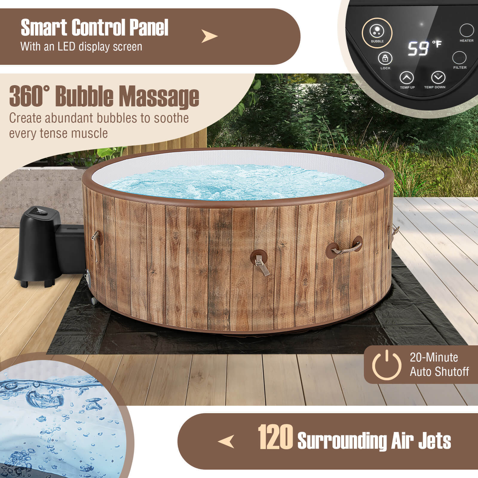 72" Inflatable Hot Tub SPA w/ 120 Air Jets Manual Air Pump Electric Heater Pump