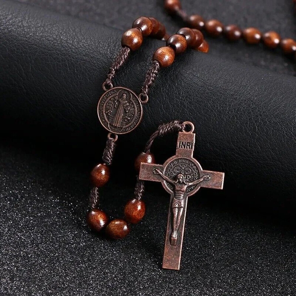 Rosary Cross Crucifix Handmade Wooden Beads Catholic Christian Traditional Style