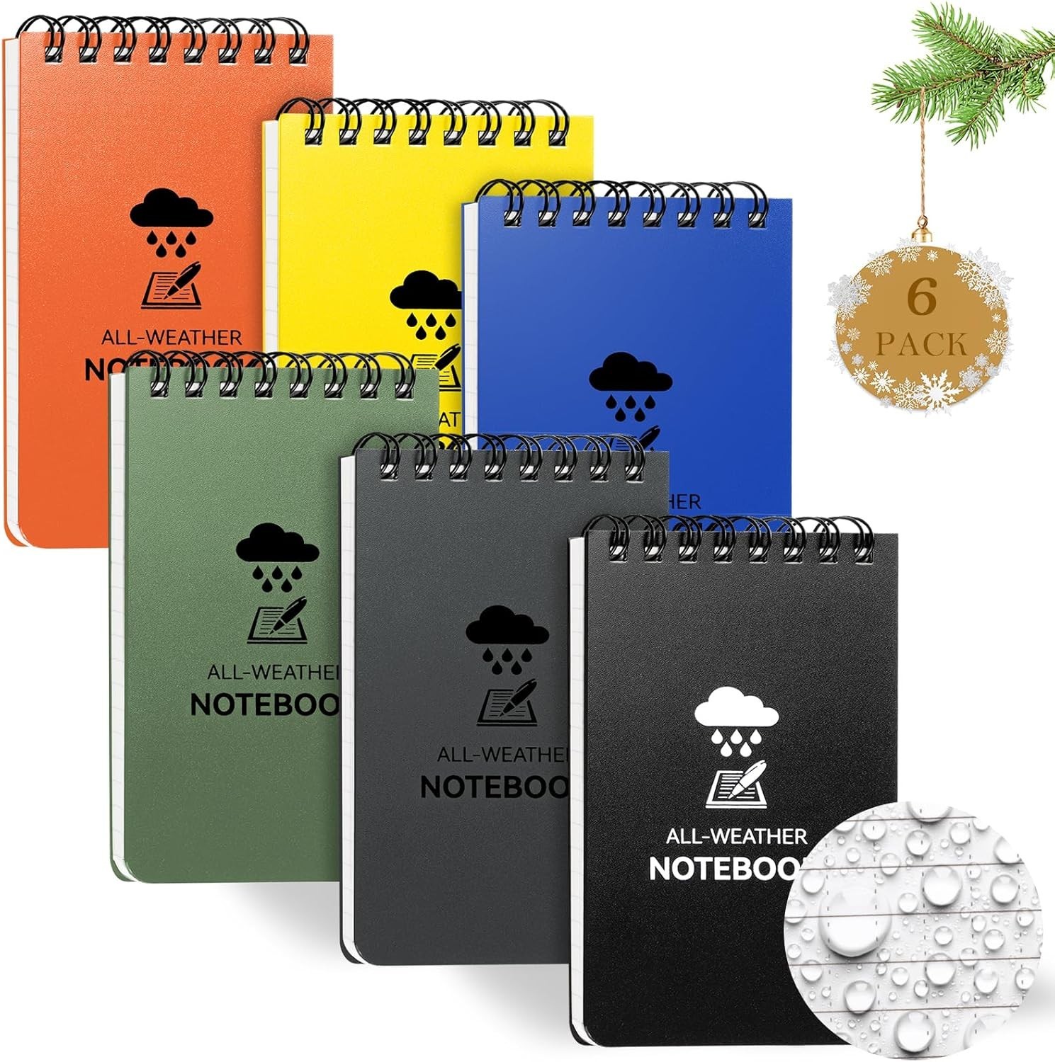 6 Pack Waterproof Notebook, 3 x 5 Pocket Notepad, Top-Spiral Weatherproof