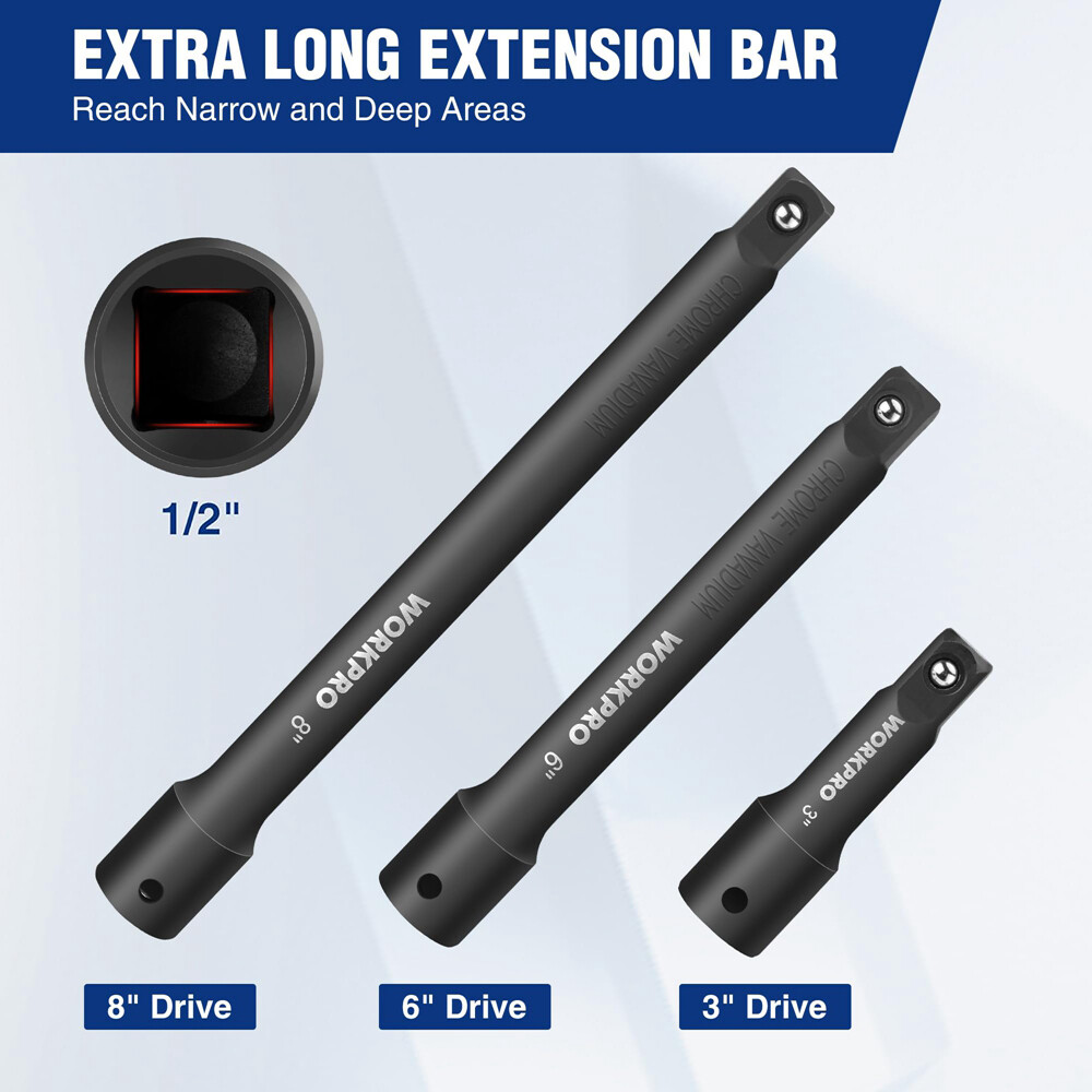 WORKPRO 3 PCS 1/2" Drive Impact Extension Bar Set 3” 6” and 8“ Socket Extensions