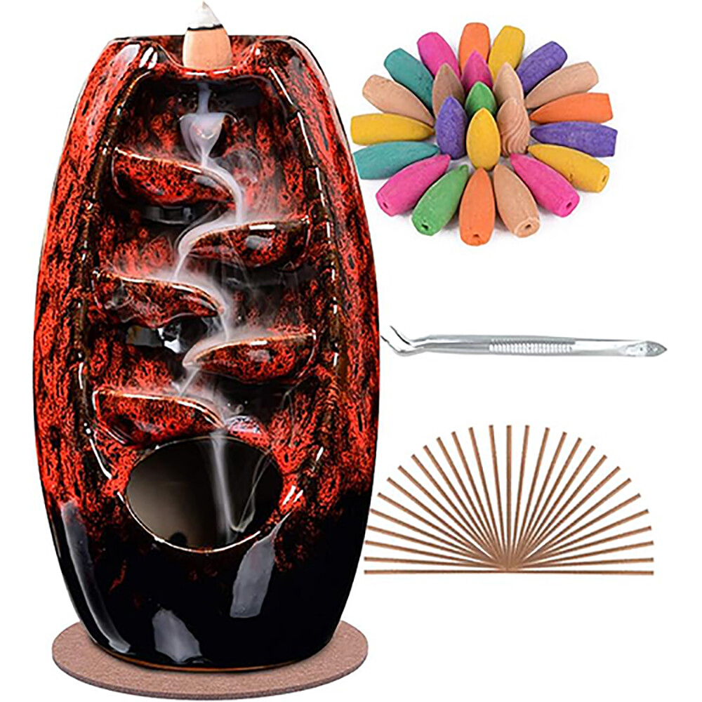 Ceramic Backflow Incense Burner Holder Glaze Waterfall & Incense Cones Gift