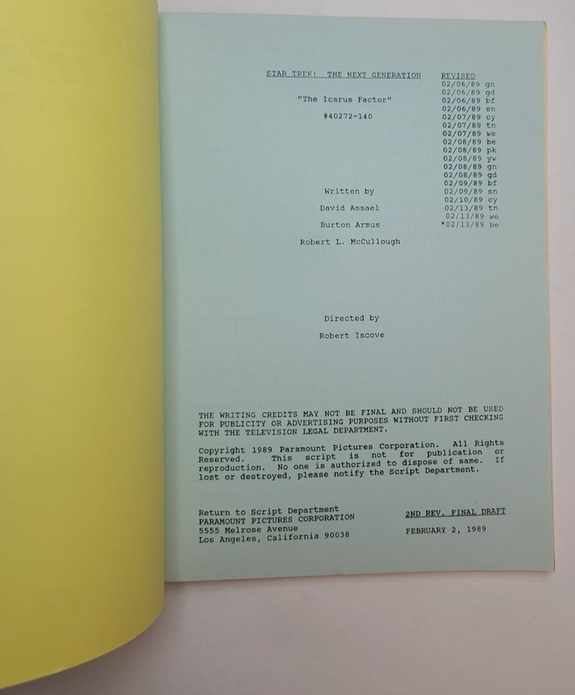 STAR TREK: THE NEXT GENERATION / David Assael 1989 TV Script "The Icarus Factor"