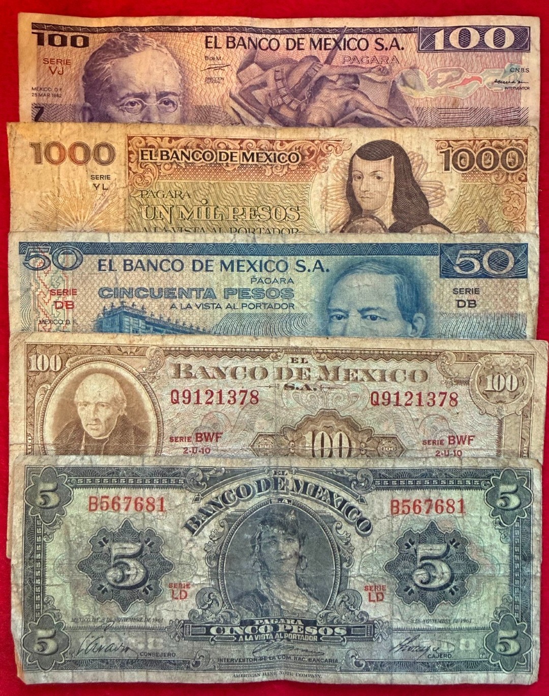 LOT of 5 MEXICO BANKNOTES SERIES 5 50 100 1000 PESOS Billete BDM ABNC 5 Amigos 1