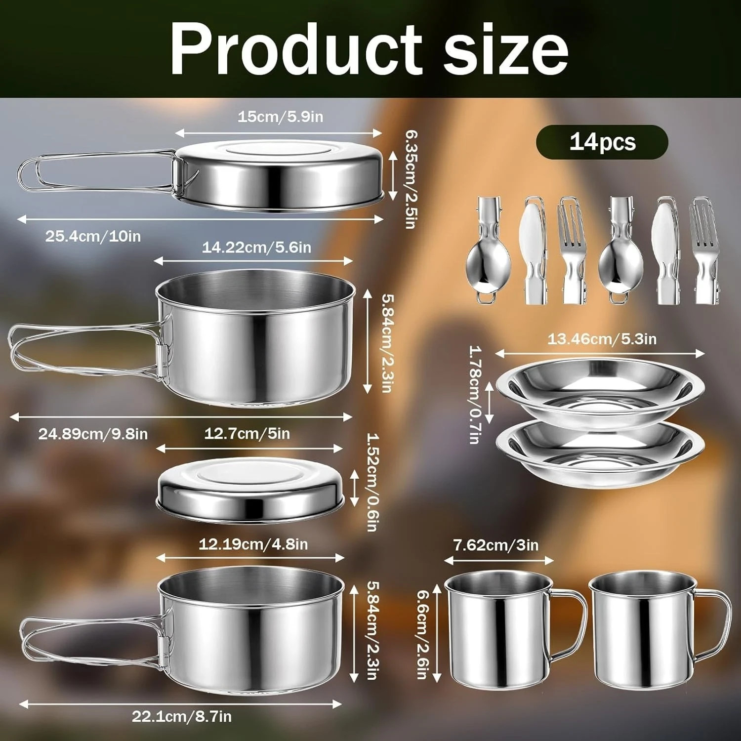 14Pcs Stainless Steel Camping Cookware Set Lightweight Compact Camping Pots Pan