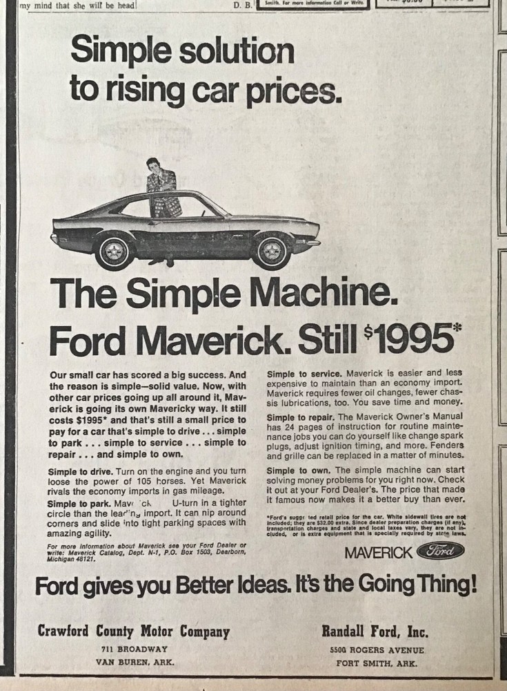 1969 newspaper ad for Ford - 1970 Maverick "The Simple Machine"