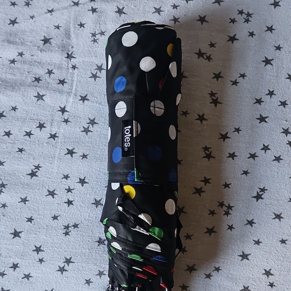totes Compact Polka Dot Umbrella Black Multicolor Windproof Eco-Friendly