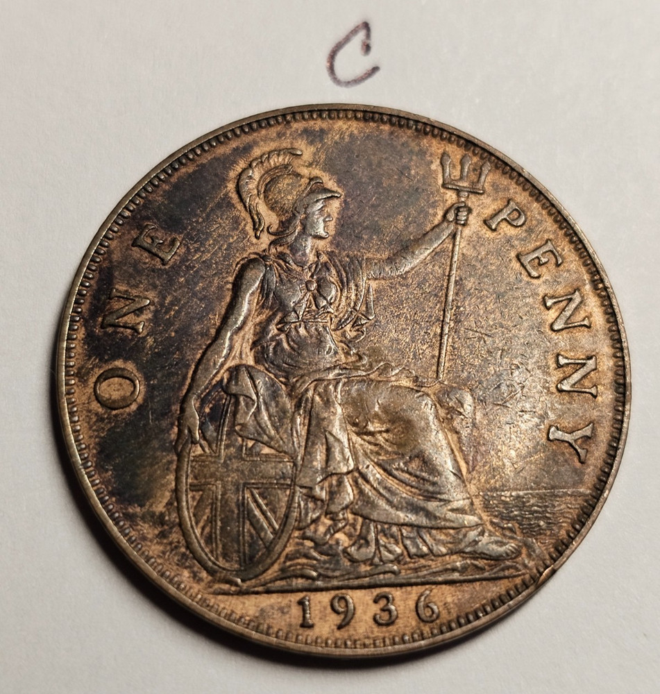 1936 UK BRITISH ONE PENNY KING GEORGE V PRE-DECIMAL BRONZE COIN (C)