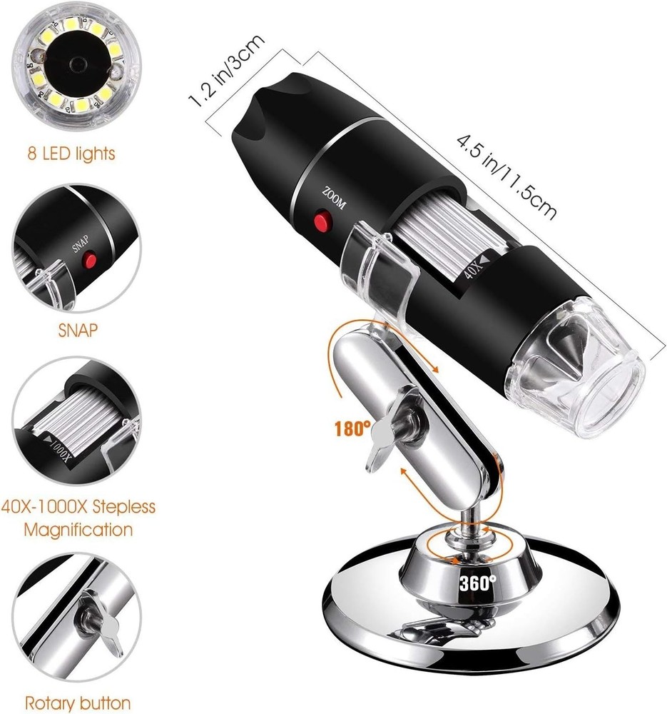 USB Digital Microscope 40X to 1000X, 8 LED Magnification Endoscope Camera wit...