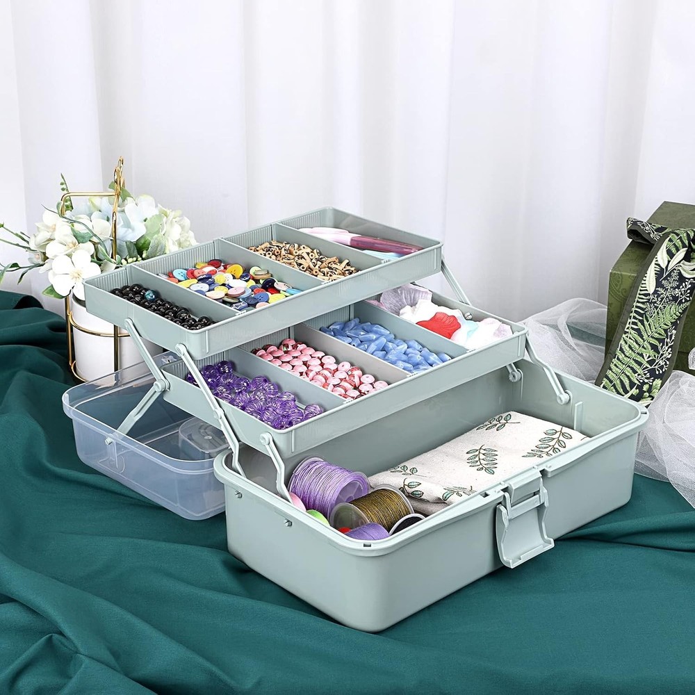 **BTSKY 3-Layer Craft Storage Box with Adjustable Dividers, Haze Green**