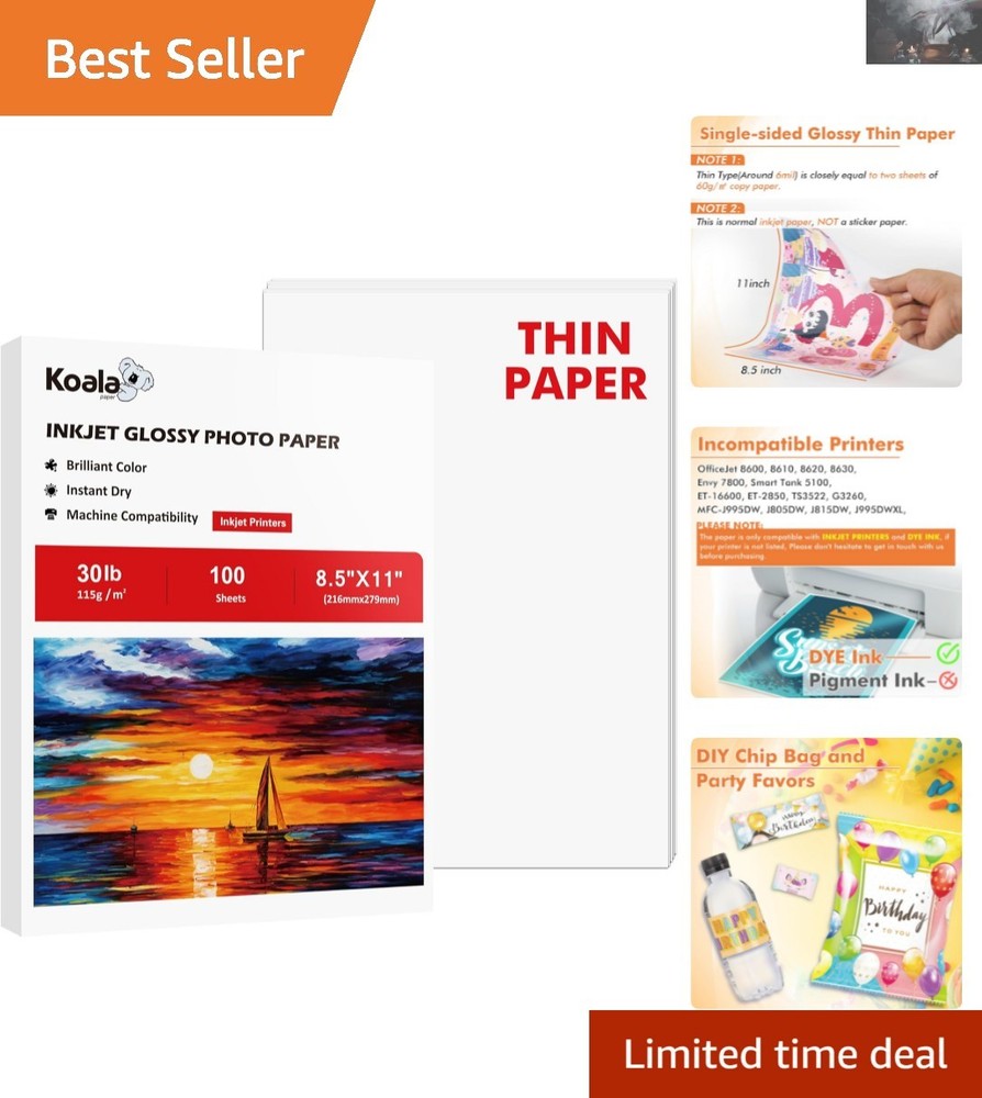 Koala Glossy Thin Inkjet Paper 8.5x11 Inches - 100 Sheets for Vibrant Prints