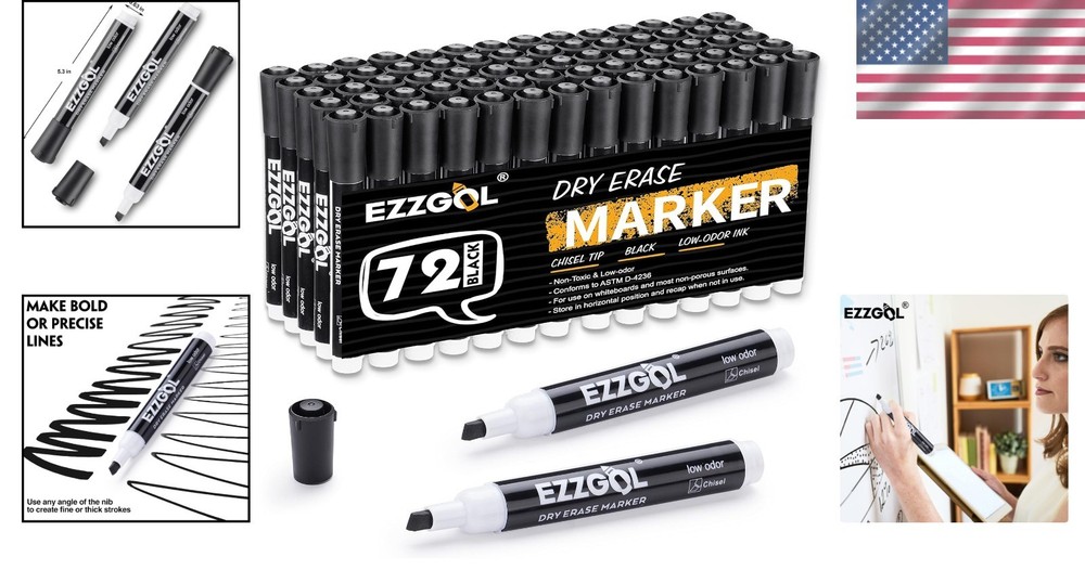 Professional 72 Pack Black Dry Erase Markers - Chisel Tip, Erasable Quality