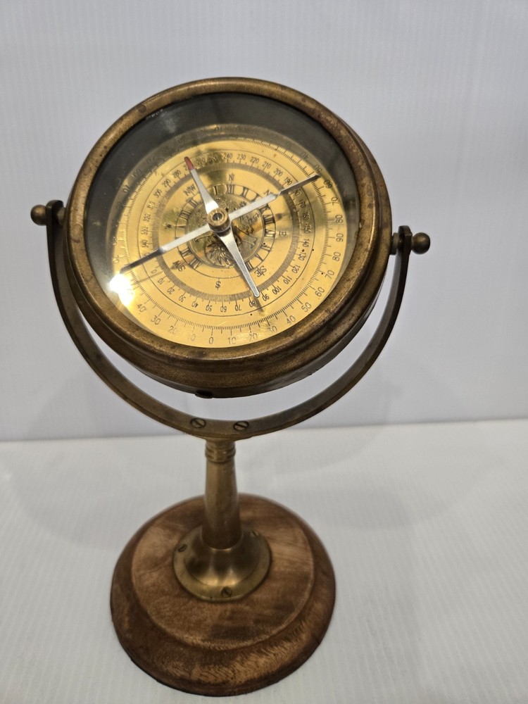 Antique Brass Table Top Gimball Compass with Wood base