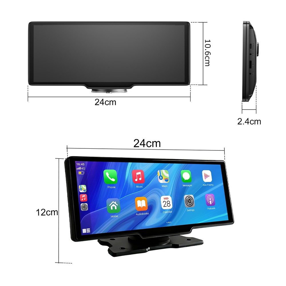 10.26" 4K Dash Cam Touch Screen Car Stereo Portable Apple Carplay Android Auto