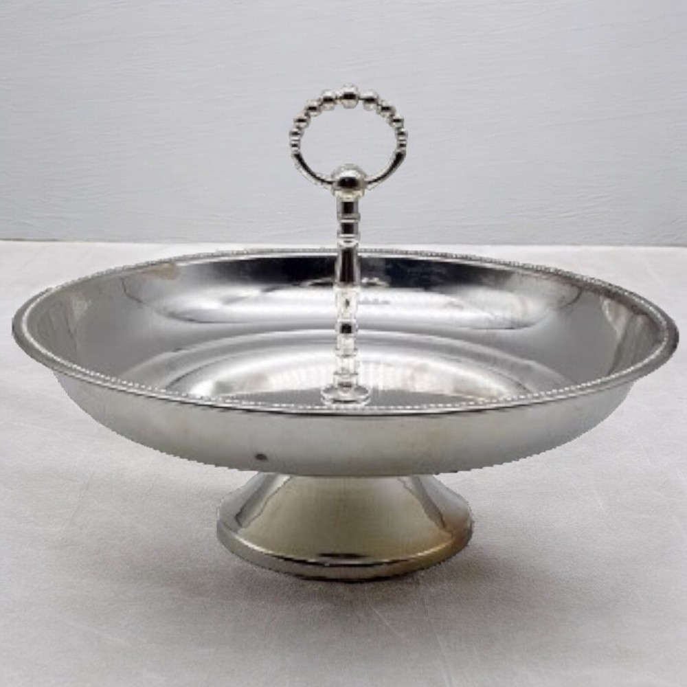 Godinger Silver Plated Bowl 12.5" Diameter Strand Of Pearls Handled Round Stand