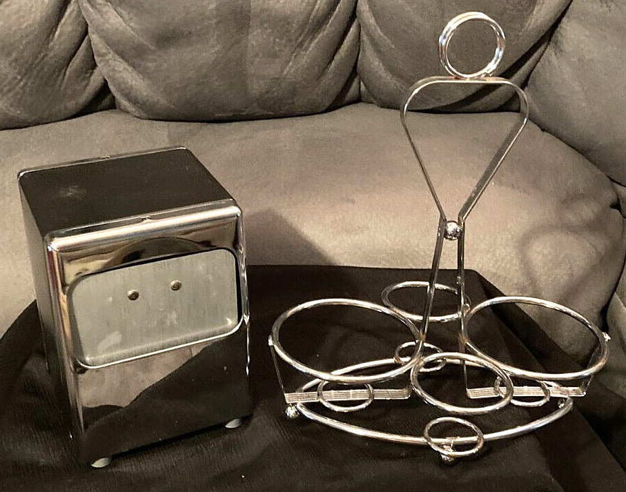 VTG 1950’s-Chrome Diner Condiment Holder + Black & Chrome Napkin Holder-EUC