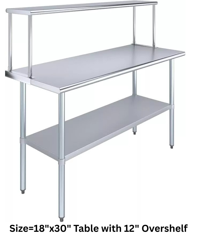 Stainless Steel Kitchen Prep & Work Table + Wide Single Tier Overshelf, NSF