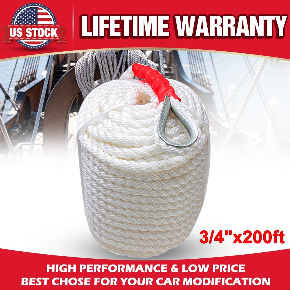 Universal 3/4"x200' Nylon Anchor Boat Rope Twisted Three Strand with Thimble