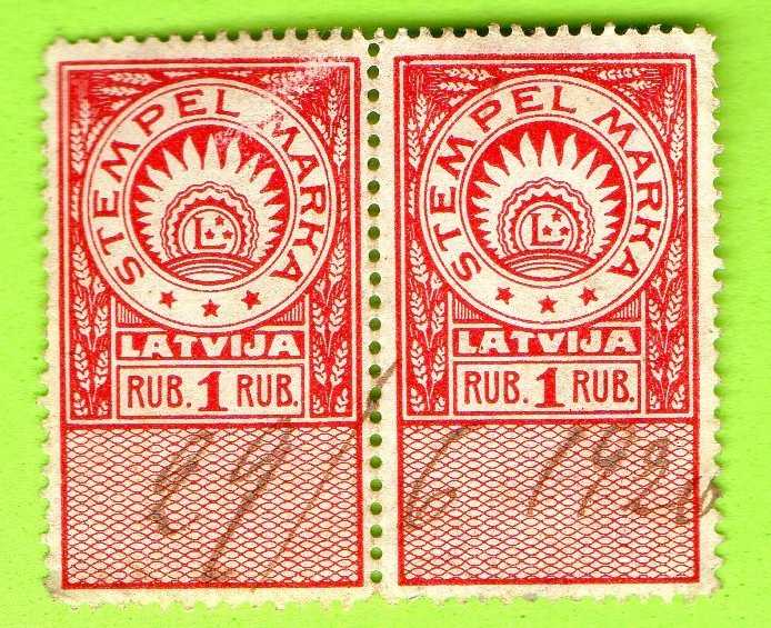 LATVIA LETTLAND PAIR DOCUMENTARY REVENUE STAMP 1 RUB. 546