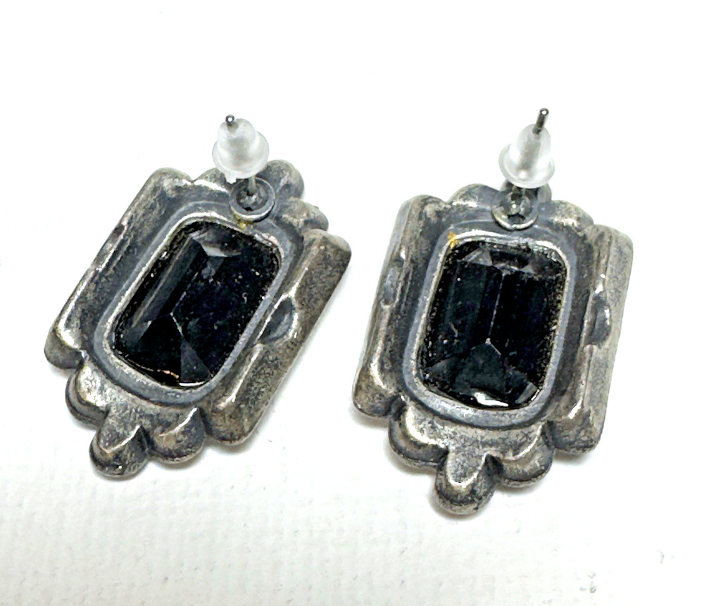 Earrings Black Glass Rhinestones Whimsy Goth Art Deco Rectangle Silver Tone
