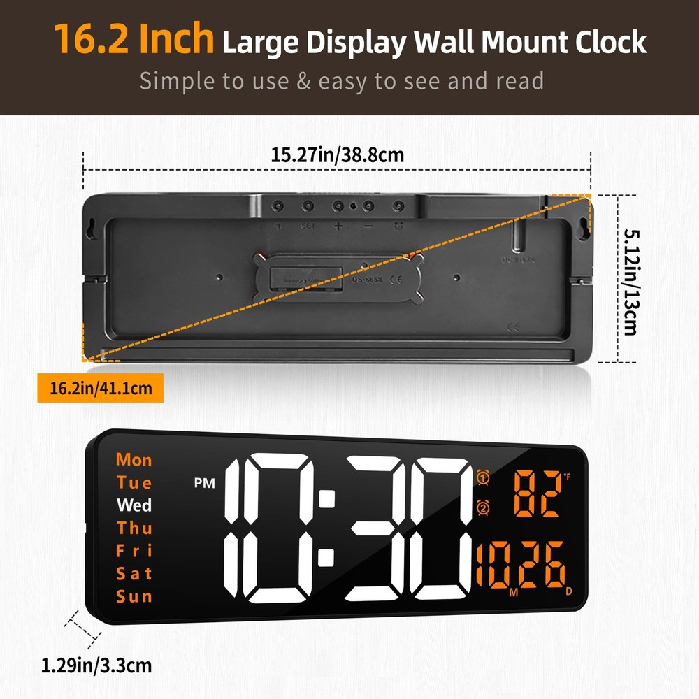 LEIKE 16.2'' Large Digital Wall Clock with Remote Control, Big LED/Dual Alarm...