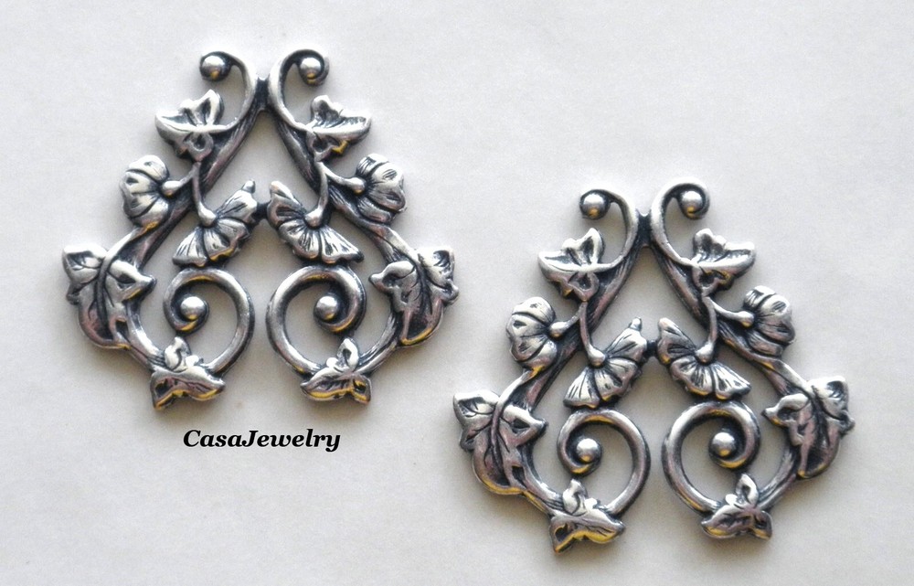 #1181 ANTIQUED STERLING SILVER PLATED OPEN FILIGREE COMPONENT - 2 Pcs