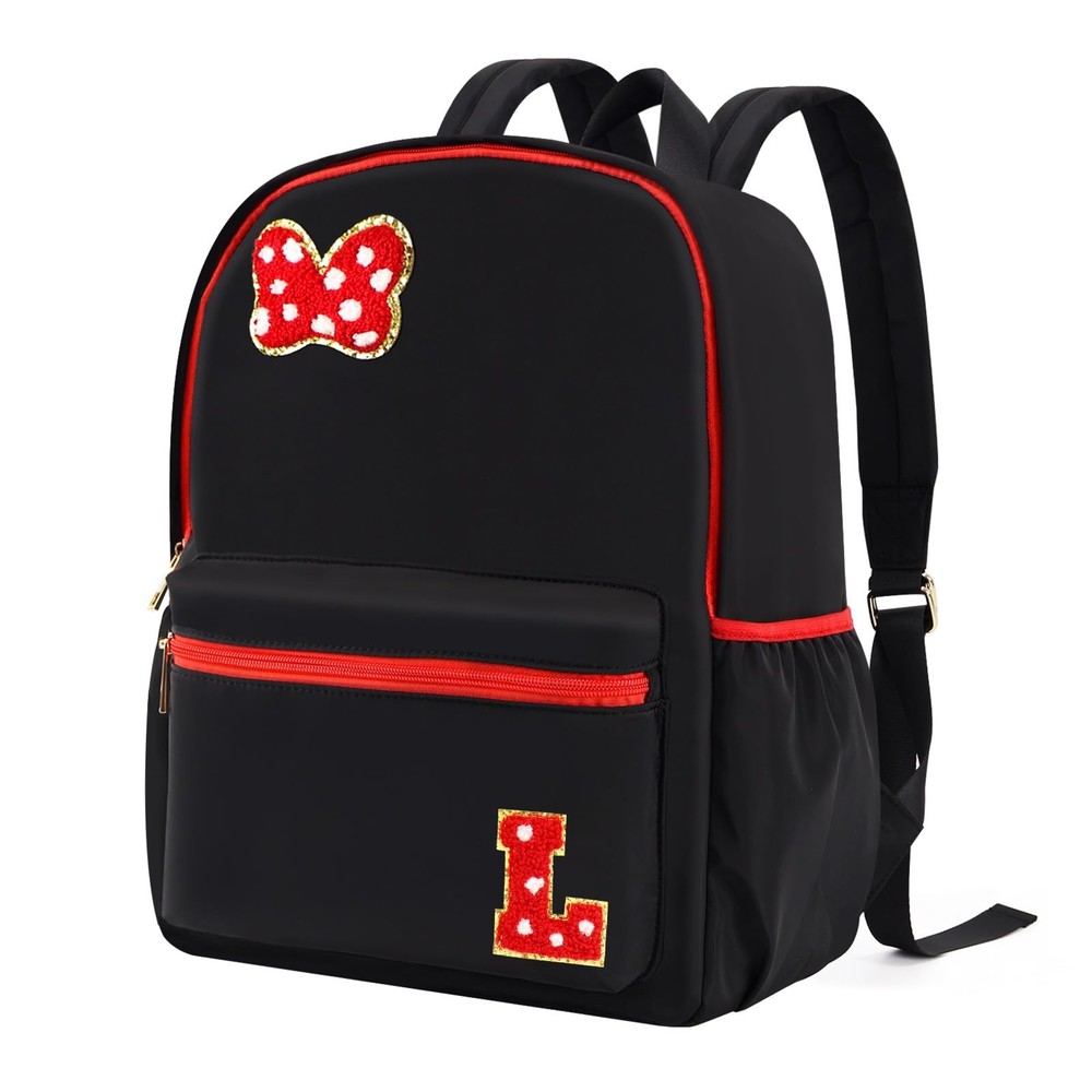 Preppy Initial Bow Mouse Backpacks For Girls 14.6 Inch Black Bookbag Initial L