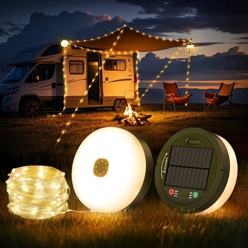 Solar Camping String Lights, 33FT 3000mAh Retractable 4 in 1 Solar/USB Charging