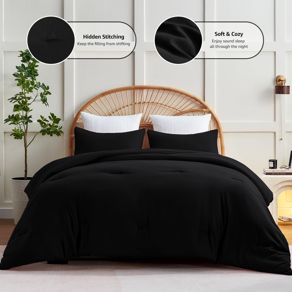 Queen Comforter Set Black, 3 Pieces Solid Comforters Queen Size Breathable Qu...