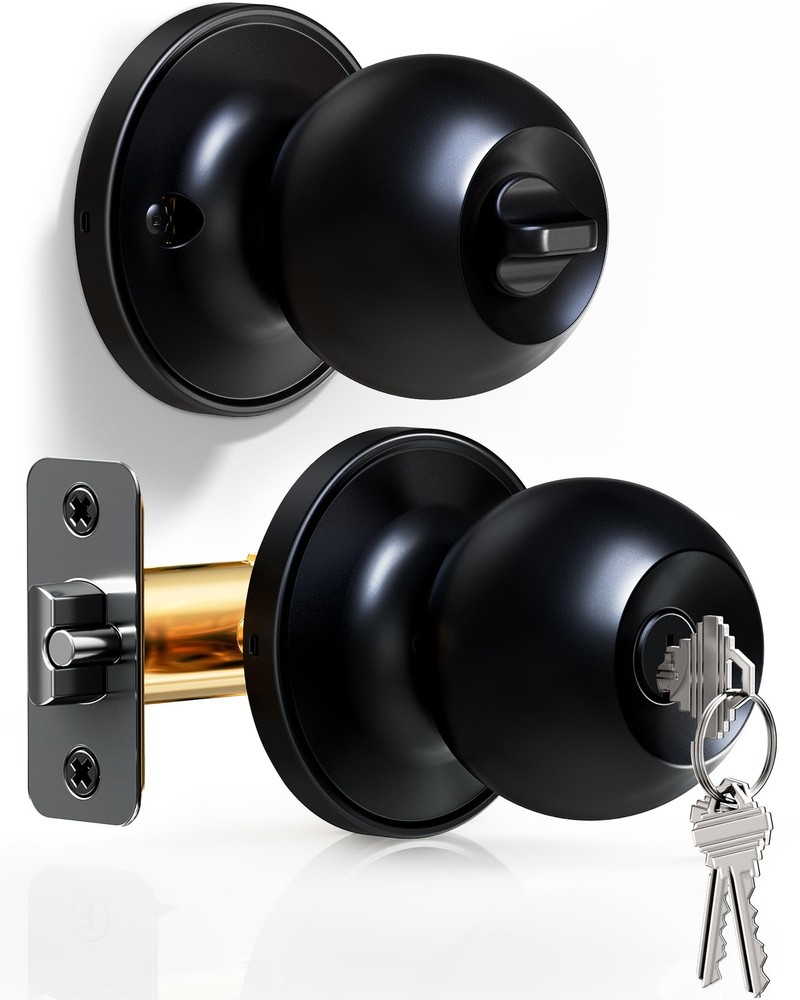 Veise Keyed Entry Door Knob, Bedroom Lock with Keys, Matte Black