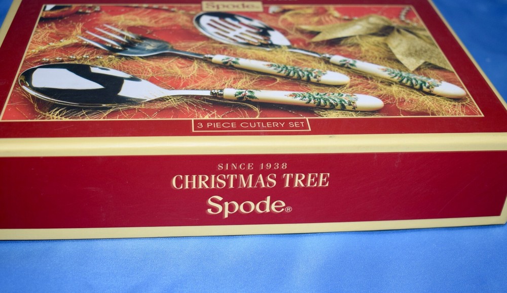 Spode Christmas Tree 3 Piece Cutlery Set Meat Fork Holiday Serving Spoon Set ~I2