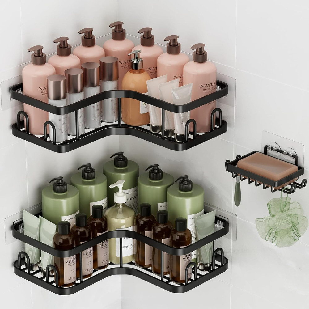 Corner Adhesive Shower Caddy 3-Pack with Soap Holder&Hooks,No Drilling Shower Sh