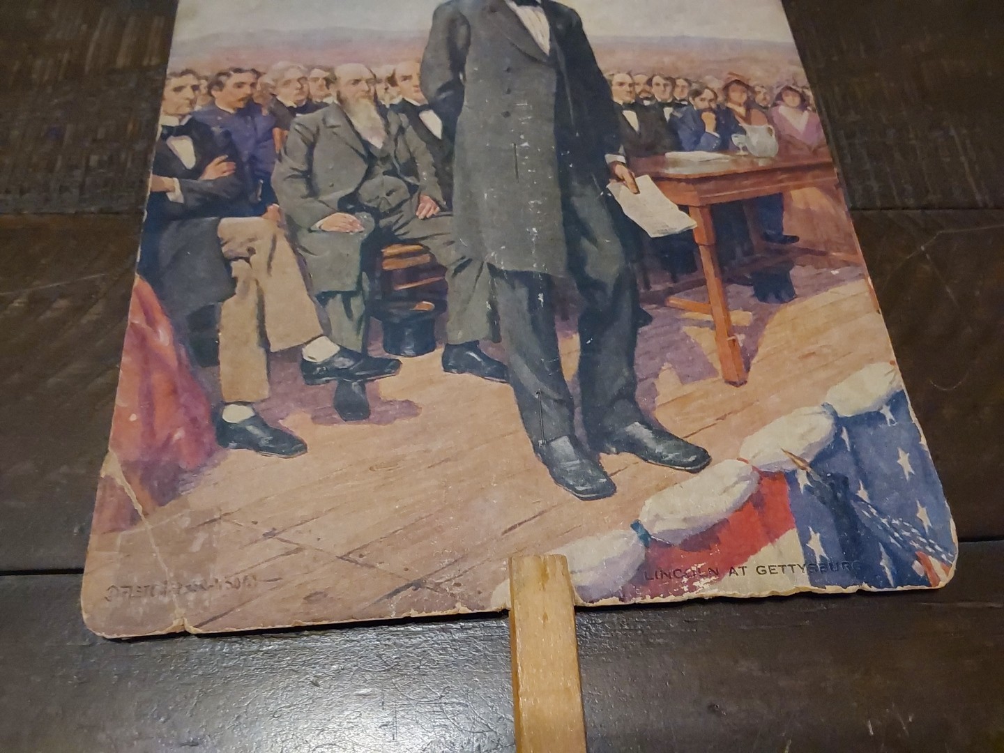 1900s Warwick RI Hand Fan Johnson & Dennegan Confectionery Lincoln at Gettysburg