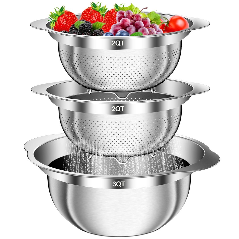 Stainless Steel Colander 3 PCS Strainer Handle Basket Fits 2/3 QT Mixing