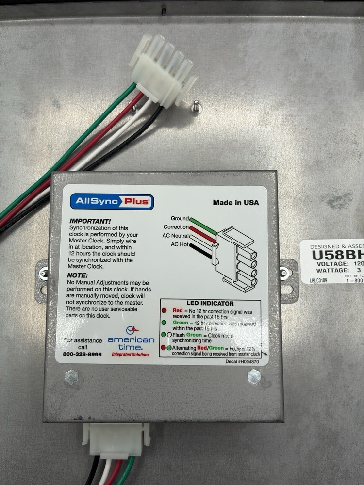 American Time AllSync Plus 120V 12" Square Clock U58BHAA591 Synchronous Wired