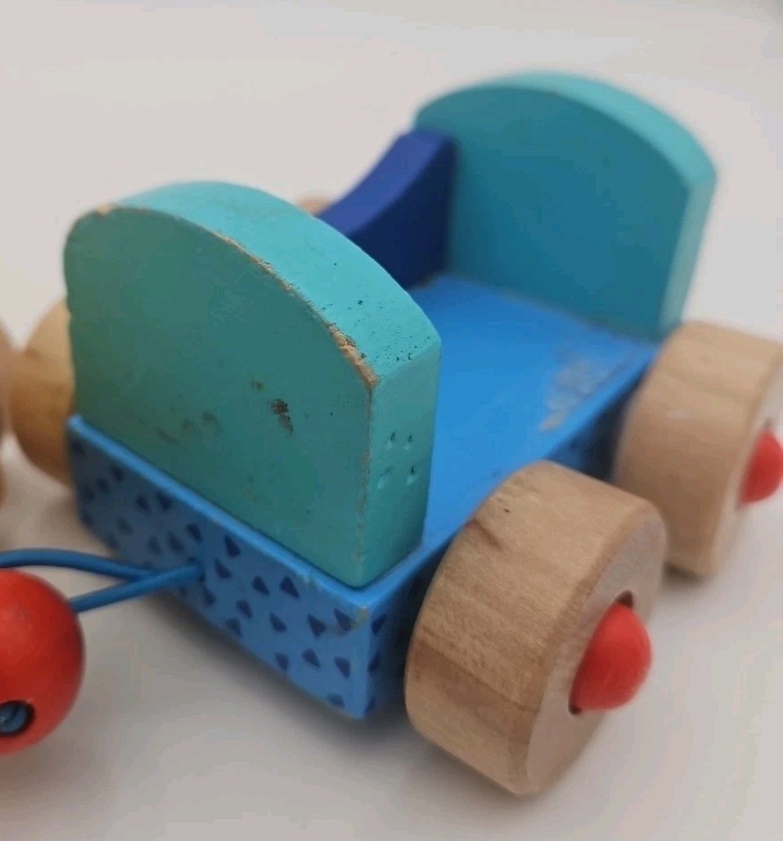 Goki Wooden Train Vintage With Pull String 3 Train Sections Red Yellow Blue 13"