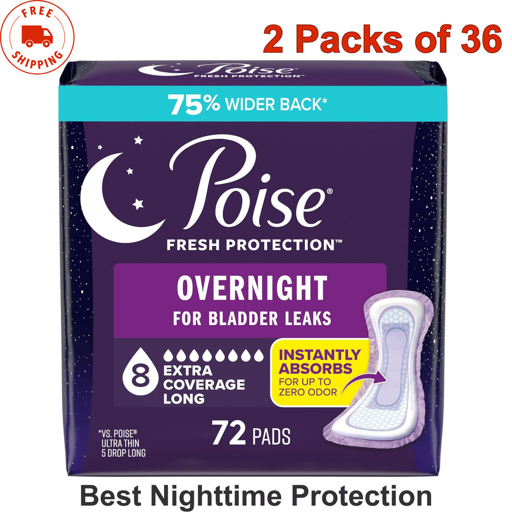Poise Overnight Incontinence Pads for Women, 8 Drop Extra Coverage, 72 Count
