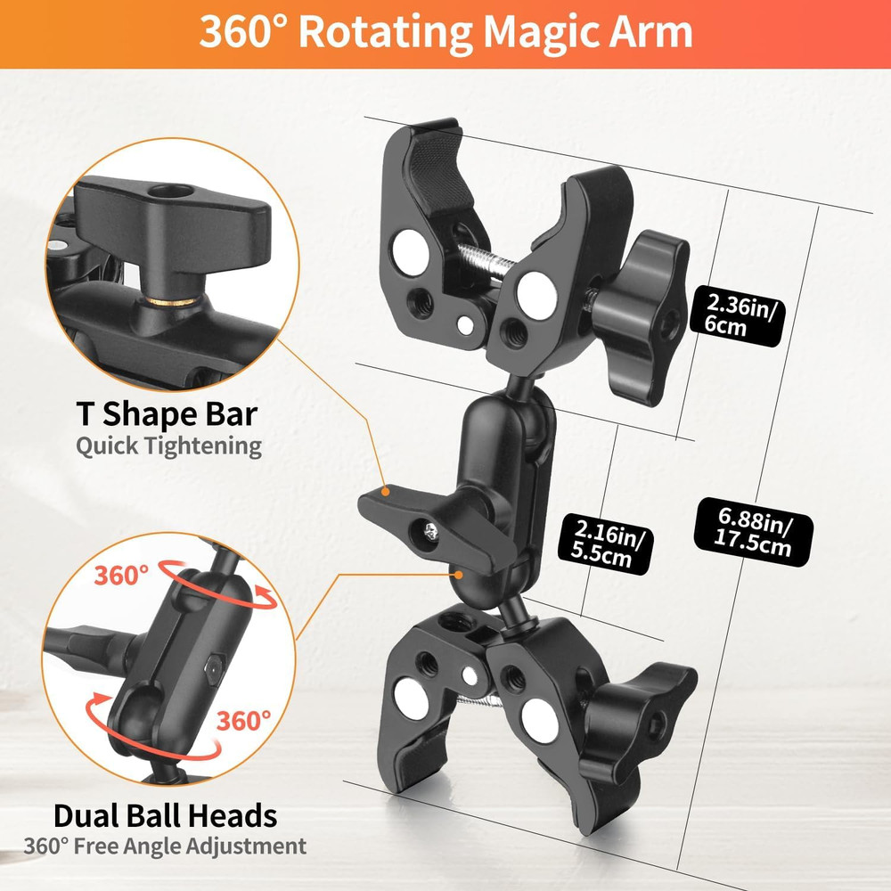 Double Super Clamp Camera Mount, Umbrella Holder Bracket with 360° Ballhead