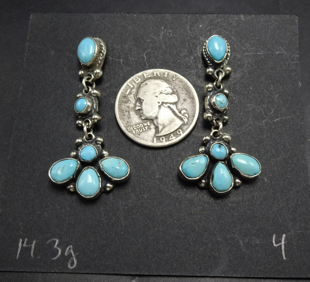 FEDERICO JIMENEZ Sterling Silver TURQUOISE Cluster Dangle EARRINGS Pierced