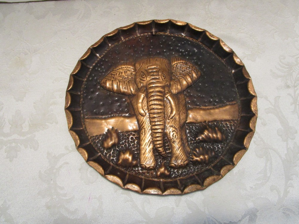 Vintage Wall hanging solid Copper Embossed plaque Elephant Scene Hammered 10.25”