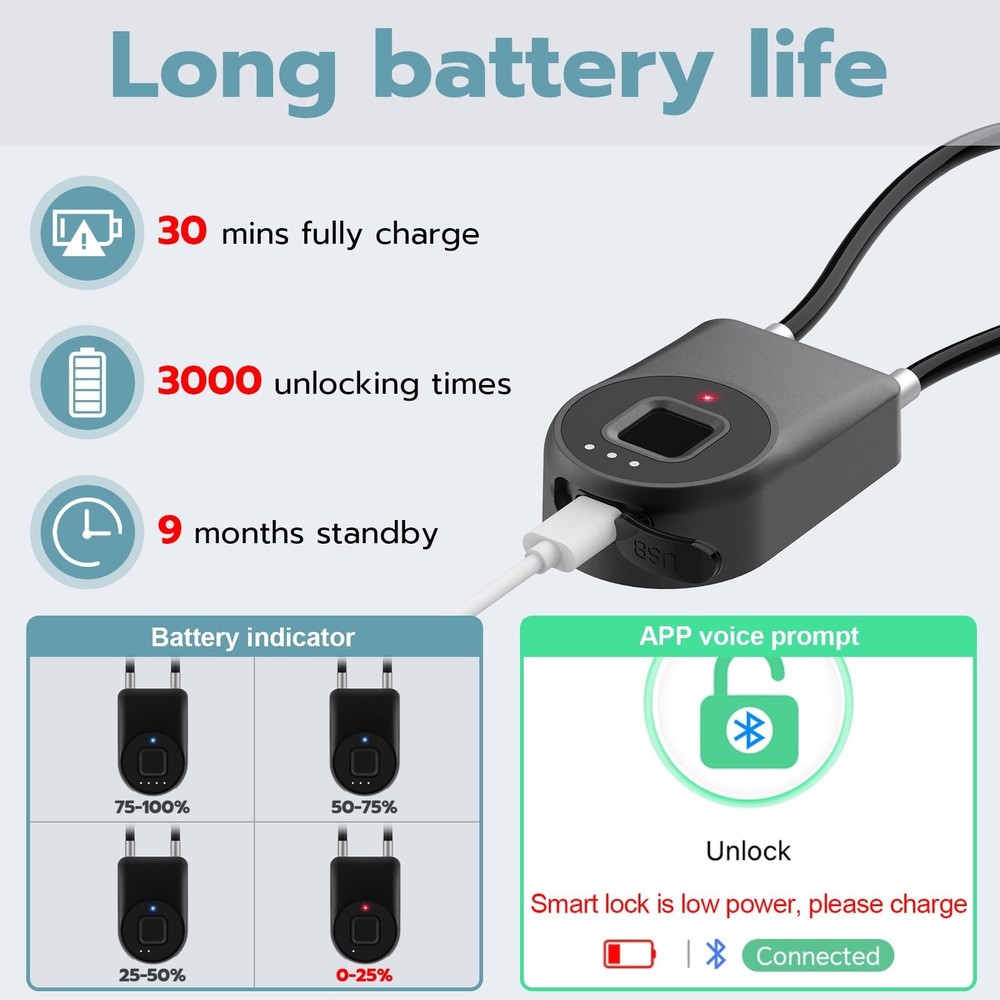 Fingerprint Cable Lock, 3.6'' Long Shackle Fingerprint Lock with Bluetooth AP...