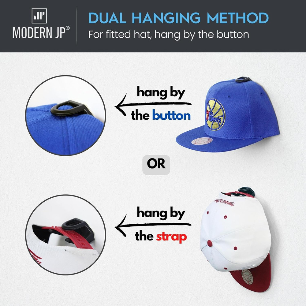 Adhesive Hat Hooks for Wall (16-Pack) - Hat Rack for Baseball Caps, Minimalist H