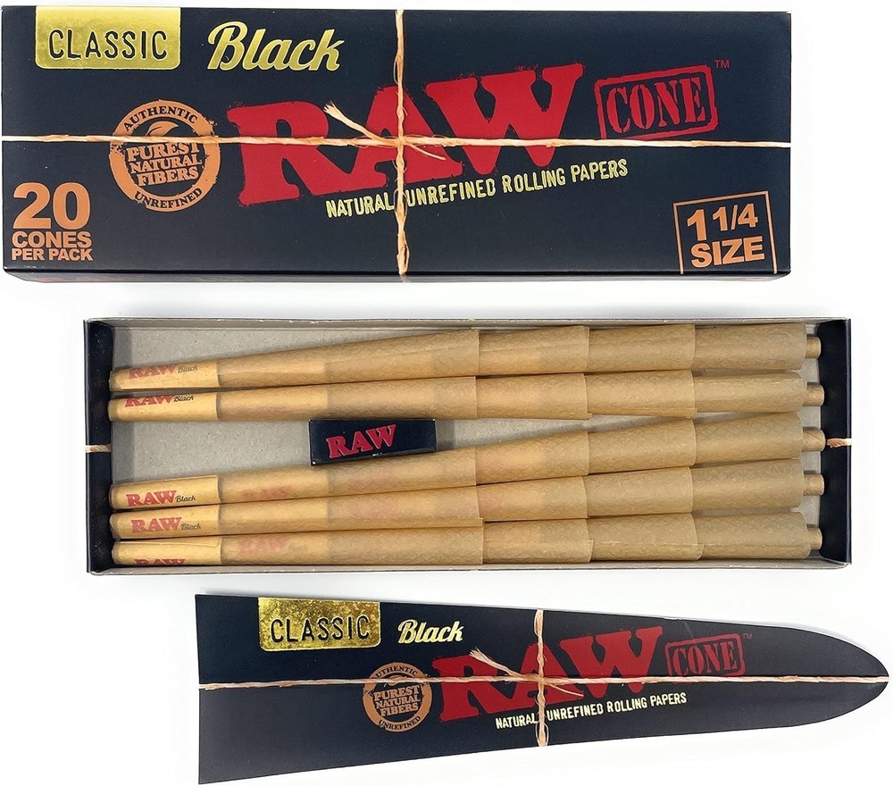 RAW Cones Black 1 1/4 Size 20 Pack & Loader Slow Burning Pre Rolled Cones & Tips